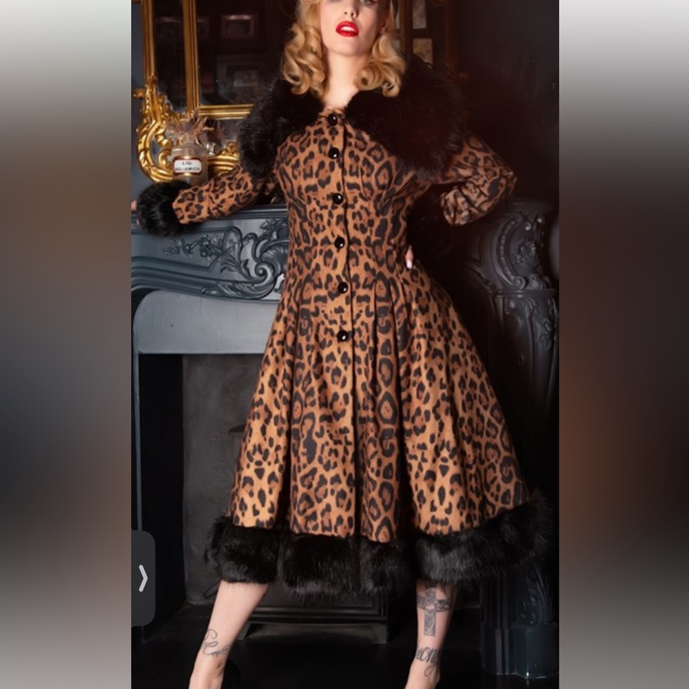 Leopard Print Long Sleeve Dress with Black Fur Trim